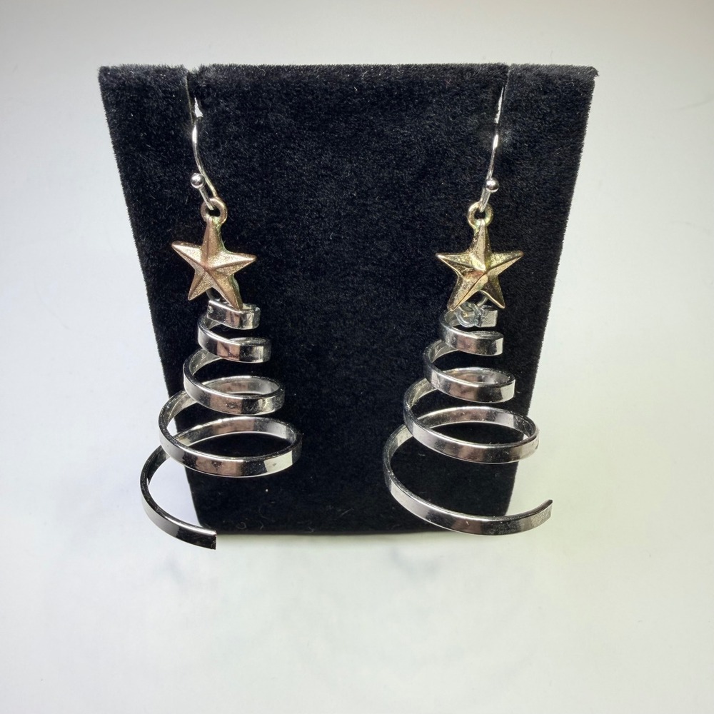 Silver Spiral Christmas Tree Earrings Gold Star Dangle Holiday Jewelry